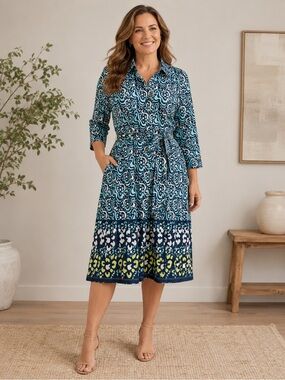 Jean Pierre Klifa Size Large L Blue White Tile Printed Shift Dress 3/4 Sleeves